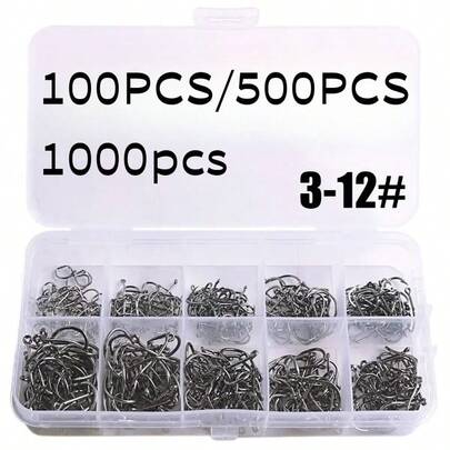 100-1000 件鱼钩 3-12# Iseni 高碳钢倒刺尖头鱼钩适用于咸水淡水钓鱼配件