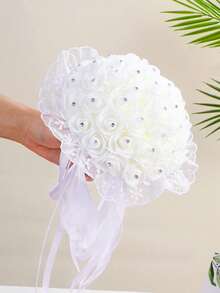 1件白色水晶丝带手工人造丝婚礼花束 - 彩色 - 查看 8