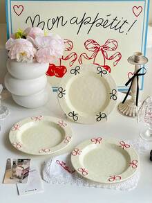 1pc Ins Style Cute Bow Ceramic Plate, Household Bow Design Tableware Ceramic Plate, Shallow Dish, Dessert & Fruit Plate, Breakfast Plate For Single Use - Multicolor - View 5
