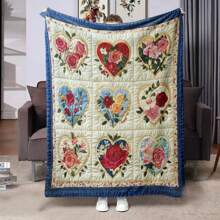 Vintage Floral Heart Throw Blanket - Made Of Polyester, Comfortable For All Seasons, Knitted And Quilted Design, With Floral Pattern Of Red, Pink And Blue Roses, Ideal For Sofa Or Bed Decor, Cozy Home Decor | Vintage Comforter Design | Durable Quilted Blanket
