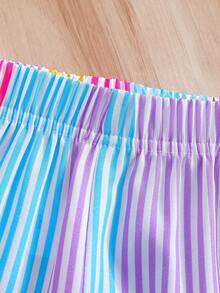 [Dreamy Rainbow . Playful Blooms] Ruffled Sleeve Meets 3D Flower Camisole + Wide Leg Pants Set, Girls Sweet Stripes Outfit, Energetic & Lovely, Suitable For Children's Daily Wear, Leisure, Travel And Outdoor - Multicolor - View 9