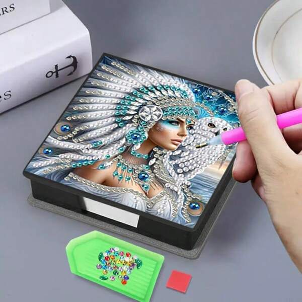 5D Diamond Painting Set, Geometric Crystal Rhinestone Decorative Memo Holder Box, Artistic & Practical Desk Organizer. Comes With 150pcs Signature Note Papers, Suitable For Daily Note-Taking & Record-Keeping.