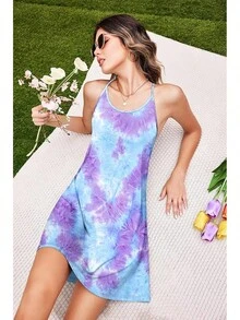 Women's Racerback Sleeveless Nightgown, Sleepwear - Blue Tie Dye - View 3