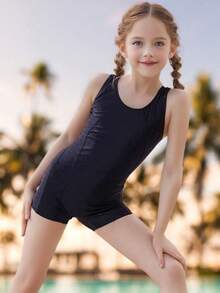 Tween Girl Elegant Minimalist Basic Backless Swimsuit For Swimming Pool, Seaside, Beach - Black - View 1