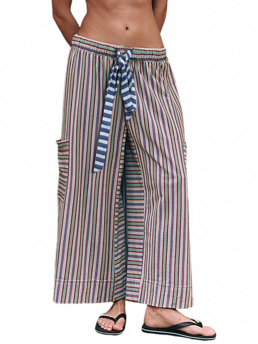 Pantalones holgados de mujer con cordón, de pierna ancha, a rayas, informales, tipo Paraíso, con bolsillos - Púrpura polvoriento - Ver 1