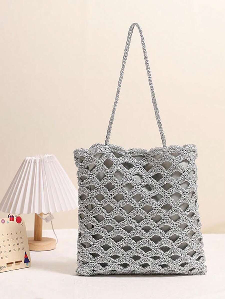 Fashion Hollow Shoulder Straw Bag Wave Pattern Summer Beach Bag - Silver - View 1