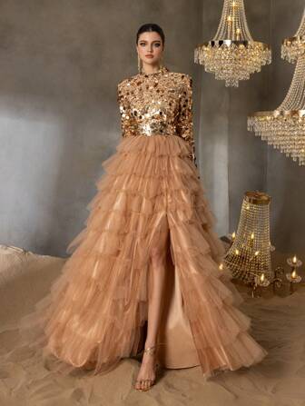 Faeriesty 优雅女士婚纱，高领、长袖、高开衩、分层 A 字裙，亮片装饰紧身胸衣，奢华薄纱设计 - 非常适合盛大婚礼、尊贵晚会、黑色领带舞会、正式颁奖典礼、豪华招待晚宴