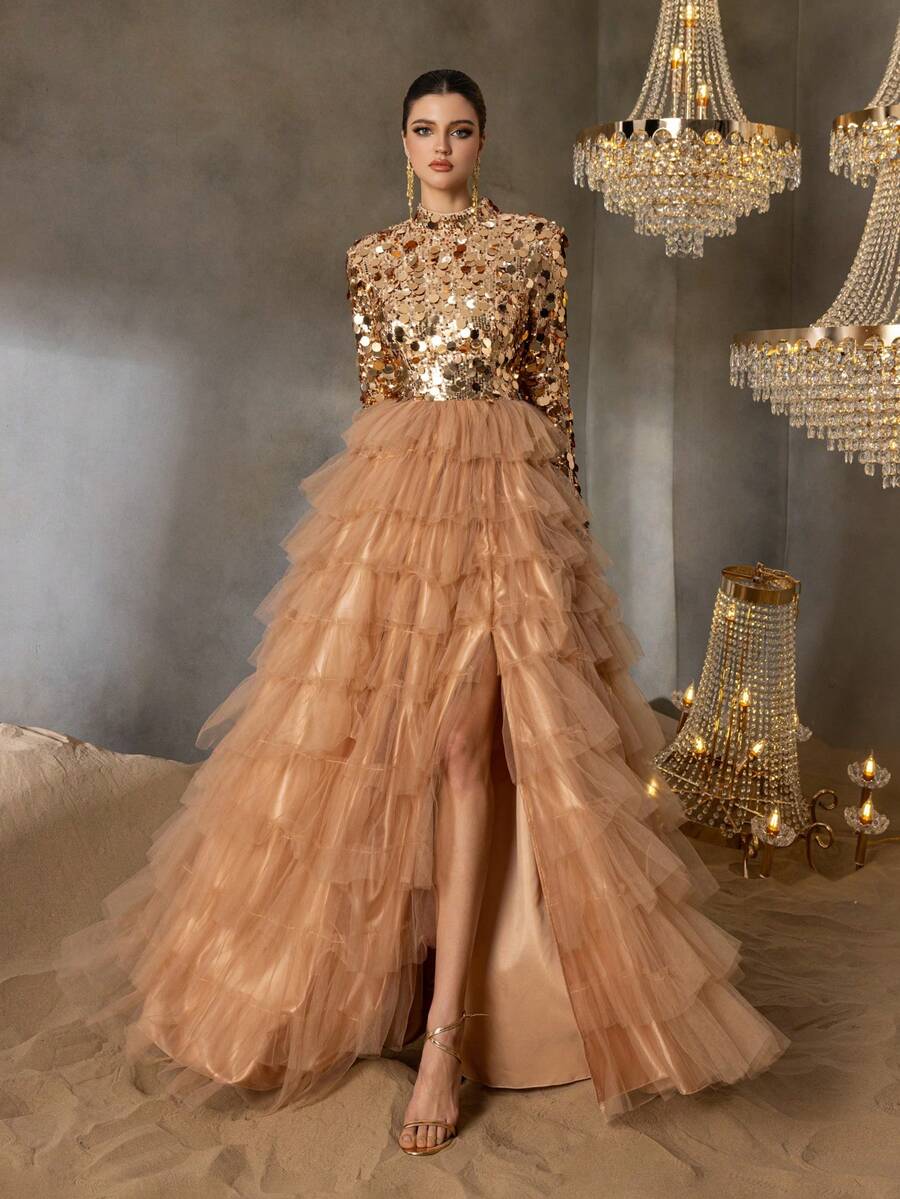 Faeriesty Váy cưới thanh lịch dành cho nữ với cổ cao, tay dài, xẻ tà cao & chân váy chữ A nhiều lớp, thân áo đính sequin, thiết kế vải tuyn sang trọng - Hoàn hảo cho đám cưới lớn, dạ hội sang trọng, vũ hội cà vạt đen, lễ trao giải trang trọng, tiệc tối chiêu đãi xa hoa - Rượu sâm banh - Xem 1