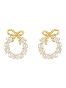 1 对可爱圣诞仿珍珠蝴蝶结时尚花环设计耳钉，适合少女，是送礼的理想选择
