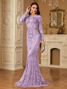 hezixi Stretchy Sequin Dress, Comfortable Fit For Different Body Types, Sheer Round Neck Long Sleeve Bodycon Mermaid Hem Formal Gown - 紫丁香色 - 查看 5