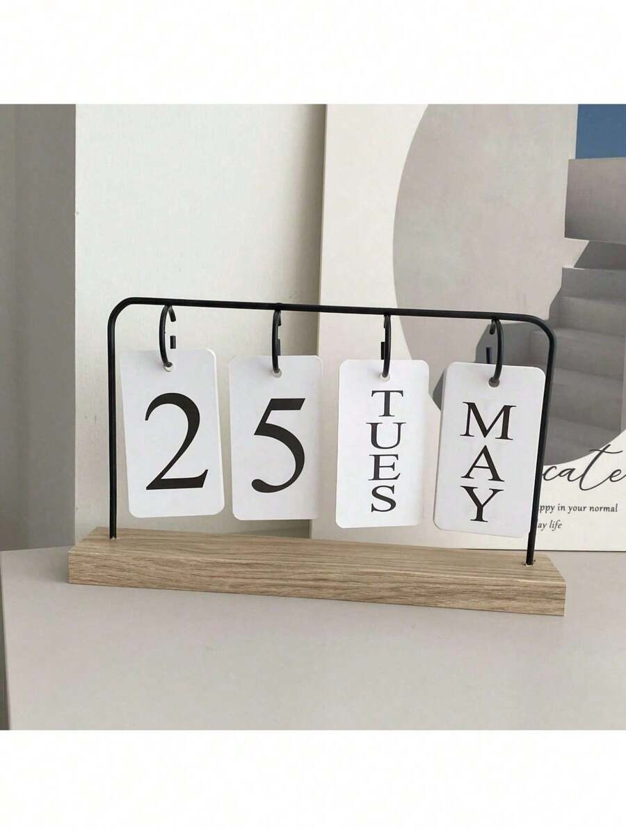 One Wooden Desktop Permanent Calendar With Metal And Wooden Month/Date Display, Gold Finish, Reusable, Suitable For Teachers, Students, Office Workers, Offices, Classrooms, Studies, Home, Desktop Decoration, Classroom Supplies, Country Style Decor, Teacher Appreciation Gift, Teacher's Day Gift, Birthday Gift, Holiday Gift, Desktop Organizer.