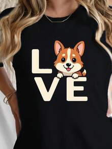 LOVE With Corgi Face Teediy Women's Pure Cotton T-Shirt With Comfortable Fit - màu đen - Xem 1