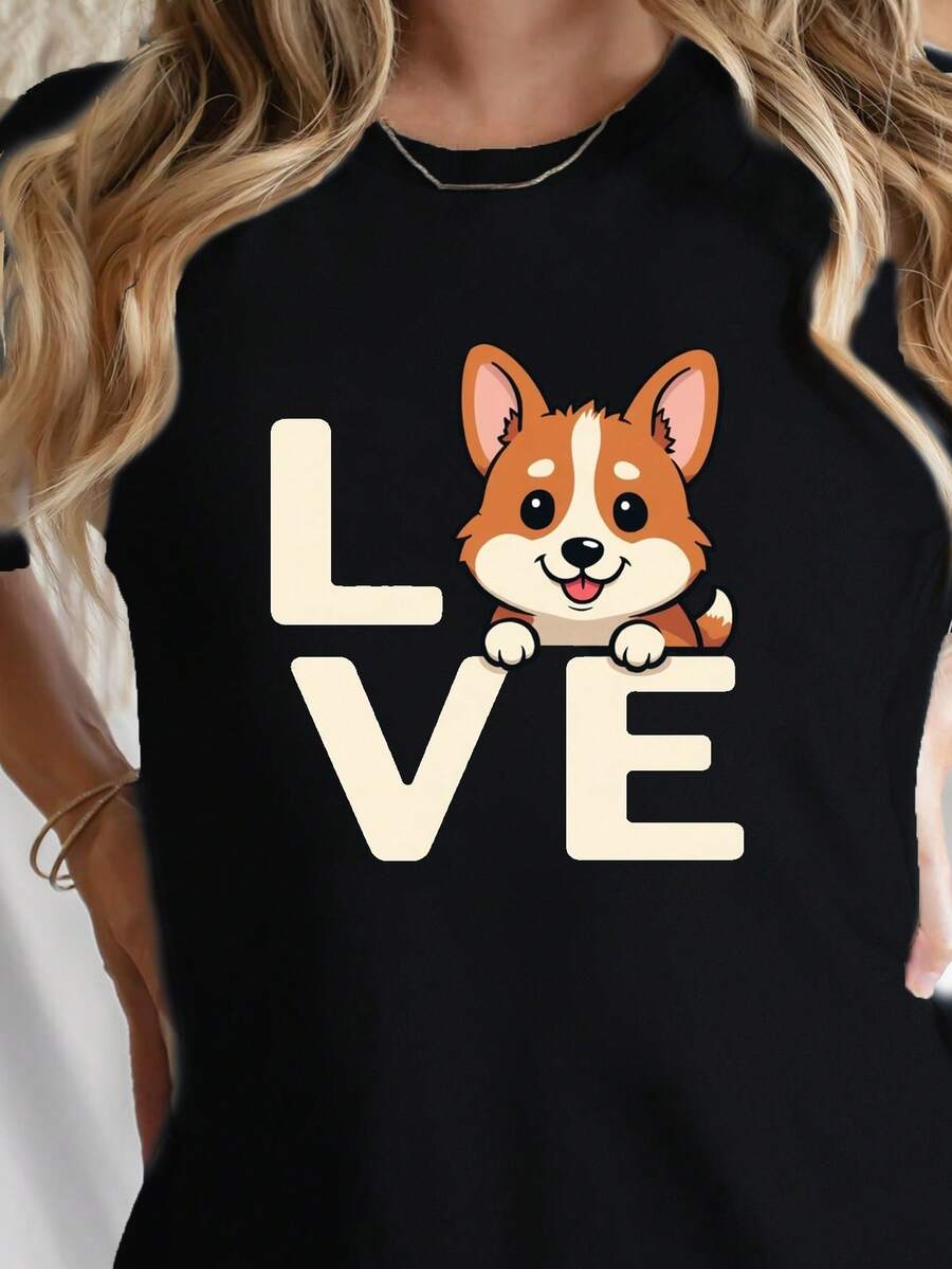 LOVE With Corgi Face Teediy Women's Pure Cotton T-Shirt With Comfortable Fit - màu đen - Xem 1