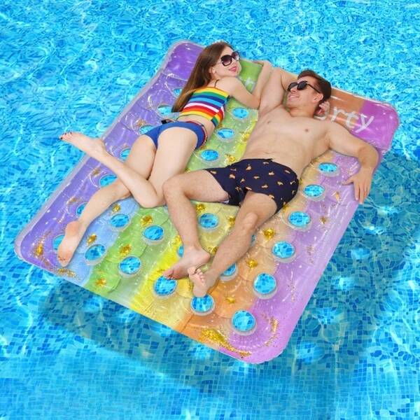 1pc Women's Thick PVC Swimming Pool Inflatable Lounger Chair, Outdoor Water Recreation Neck Support Backrest Glitter Gradient Perforated Inflatable Float, Suitable For Beach, Pool, Water Park With Friends & Lovers, Beach Essentials, Beach Accessories