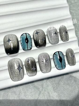 10 件超酷恶魔眼手工佩戴指甲百猫眼蝴蝶美甲 Y2K 氛围学生短假指甲按压指甲美甲用品（1 张果冻贴+1 个指甲锉）