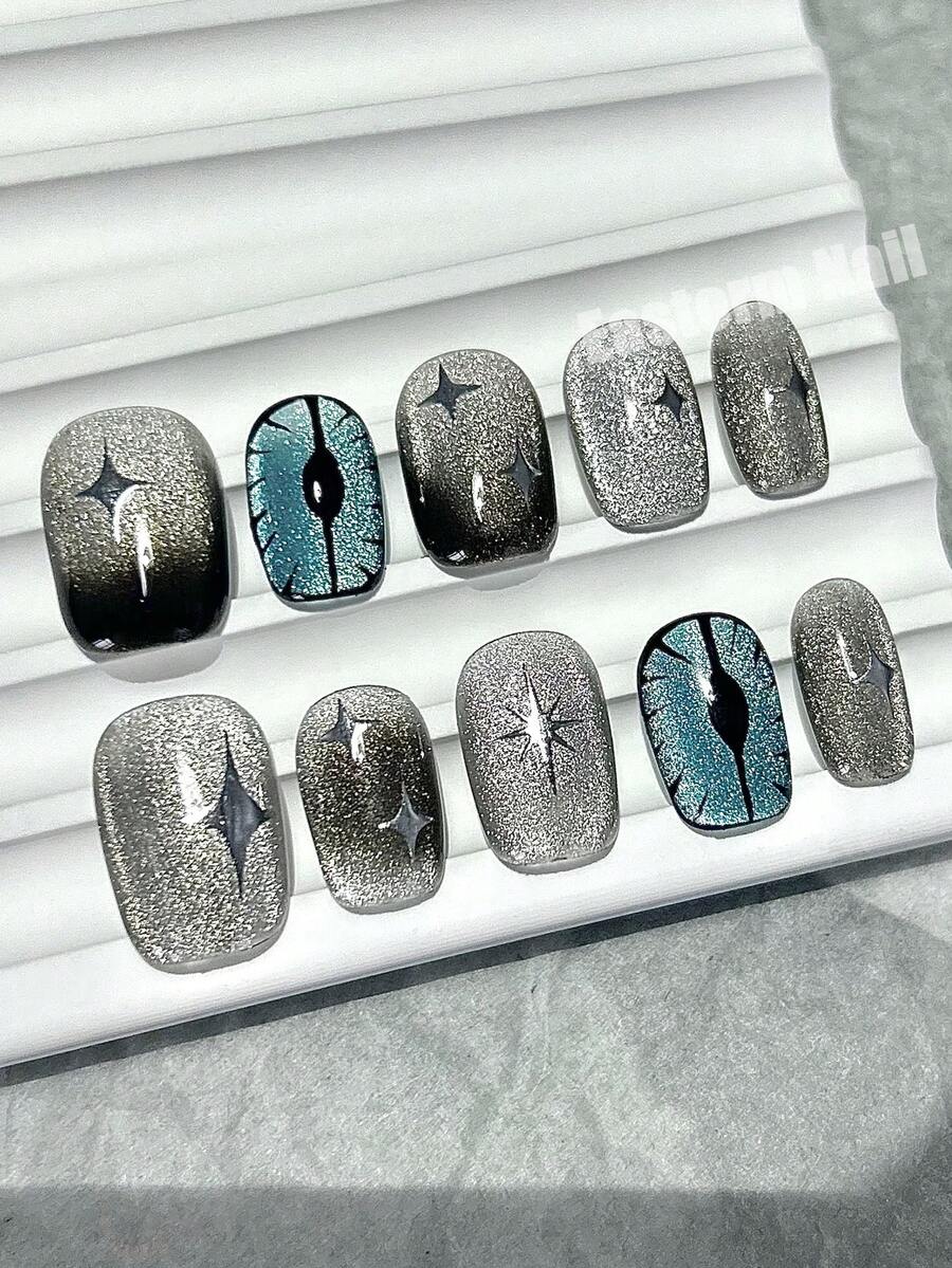 10 CÁI Móng Tay Giả Làm Thủ Công Siêu Ngầu Mắt Quỷ Trăm Con Mèo Mắt Bướm Nghệ Thuật Làm Móng Tay Y2K Không Khí Học Sinh Móng Tay Giả Ngắn Bấm Vào Móng Tay Đồ Dùng Làm Móng Tay (1 Tờ Miếng Dán Thạch + 1 Cái Dũa Móng Tay) - Xám - Xem 1