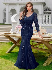 Elisanya Vestido de fiesta de noche de tul con escote en V profundo, manga larga, bajo con cola de sirena y adornos de lentejuelas y encaje floral, vestido de invitada de boda, vestido formal - Azul Marino - Ver 11