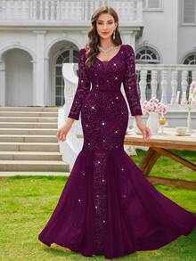 MIUSOL 亮片花卉蕾丝深V领长袖网纱鱼尾晚礼服/婚礼宾客礼服/正式礼服，适合情人节、春季优雅派对 - 紫紅色 - 查看 10