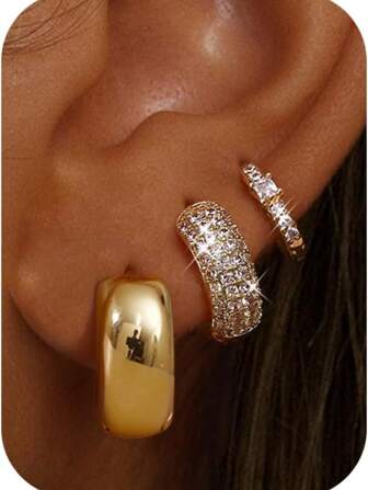 IRONBOX 1-6 件小号粗金环耳环，适合女士，防过敏金银环，适合敏感耳朵，不褪色，14K 镀金，可叠戴，适合多个耳洞，轻巧，3 对