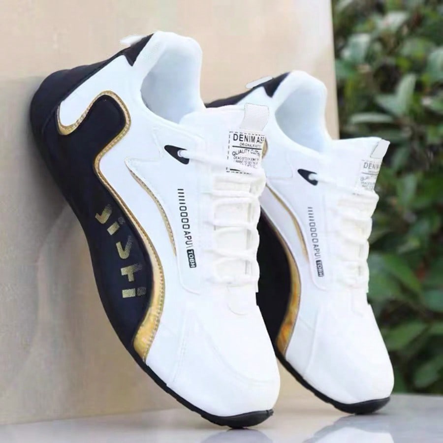 Zapatos deportivos casuales negros y dorados para hombres - Diseño de corte bajo, parte superior de PU y suela de PVC, forro de tela cómodo, adecuad