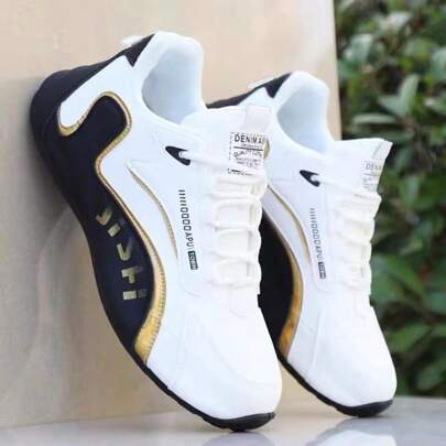 Zapatos deportivos casuales negros y dorados para hombres - Diseño de corte bajo, parte superior de PU y suela de PVC, forro de tela cómodo, adecuado para uso casual