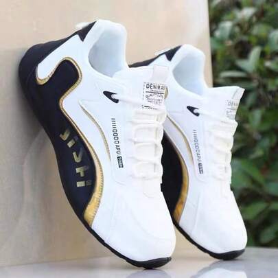 男士时尚黑金休闲运动鞋 - 低帮设计，PU 鞋面和 PVC 鞋底，舒适织物衬里，适合休闲穿着