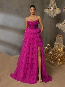 Faeriesty 华丽亮片礼服，搭配层叠薄纱裙和高开衩下摆 | 适合黑色领带晚会、婚礼和戛纳派对的奢华晚礼服