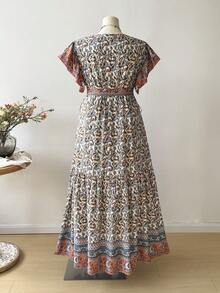 Rusttydustty 加大码复古印花长裙，系腰带短袖 V 领长裙，夏季度假长款花裙 - 彩色 - 查看 3
