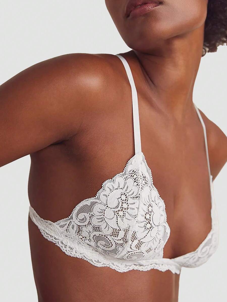 Holiday Season Ultra-Thin Bra, Floral Pattern Lace Bra For Small Bust, White Soft Seamless Sexy Lingerie For Women