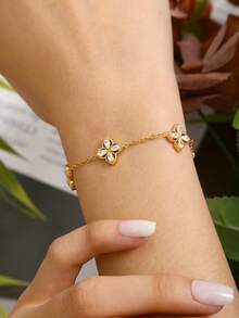 TONSI 1 Set Elegant Charming Korean Luxury Minimalist Stainless Steel 18K Gold Plated Artificial Zirconia Four-Leaf Clover Flower Diamond Jewelry Set, Suitable For Beach, Holiday, Travel, Work, Daily Party Wear For Women - Multicolor - View 3