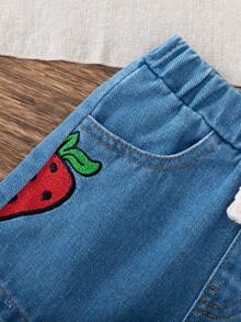 2 件套，女童时尚可爱草莓印花无袖背心 + 草莓刺绣休闲牛仔短裤