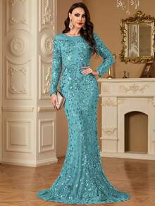 hezixi Stretchy Sequin Dress, Extremely Comfortable Fit For Various Figures, Sheer Round Neck Long Sleeve Bodycon Mermaid Hem Design, Solid Color Elegant Luxury Maxi Dress For Women, Enhances Youthful Charm, Suitable For Parties, Graduations, Weddings And Other Occasions. - 草綠色 - 查看 2