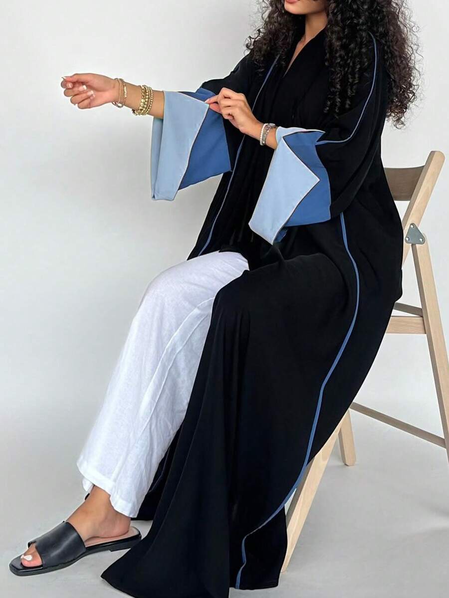 1 pieza Vestido de mujer de unicolor al estilo de Oriente Medio, elegante cárdigan largo vestido/abaya de maxivestido, adecuado para uso diario y festividades, con bloqueo de color estilizado y sencillo en los puños - Azul - Ver 1