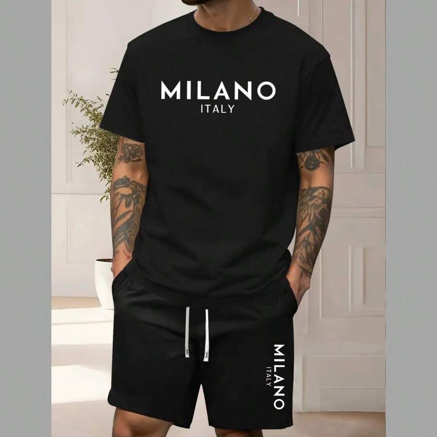 Men's Casual Two Piece Set, Round Neck Short Sleeve T-Shirt And Tectel Shorts With Drawstring And Pockets, Soft Breathable Summer Outfit