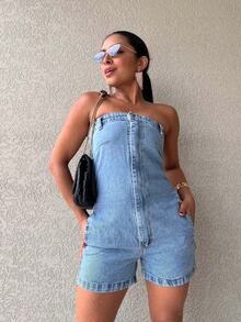 Kissmelady 3011 Women's Denim Overalls Dark Dungarees 3011 - 中等水洗藍 - 查看 7