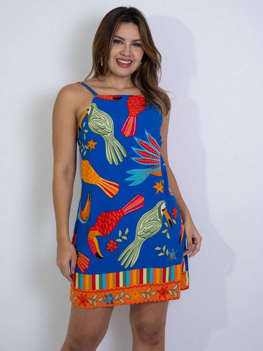 Short Printed Dress With Back Zipper - Teal Blue - View 1