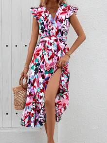 Elegante Vestido De Mujer Con Estampado Floral y Cuello En V, Mangas Volantes, Con Cinturón, Adecuado Para El Uso Diario - Rojo - Ver 4