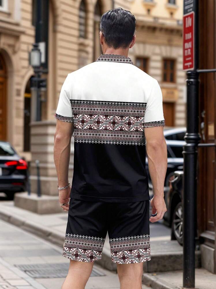 男士撞色商务印花短袖Polo衫和短裤套装 - 彩色 - 查看 4