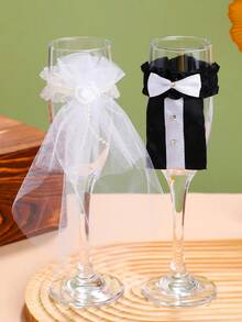 2pcs/Set Wedding Champagne Glasses Decor For Bride And Groom - Toasting Bridal Shower Gifts - Mr And Mrs Wedding Red Wine Bottle Accessories- Set Of 2 - Multicolor - View 7