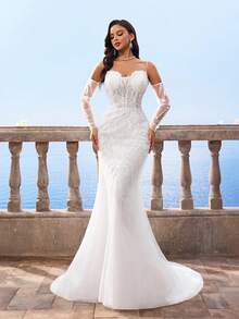 Elasola HEARBOBO Romantic Elegant Noble & Cute White Lace Appliques Mermaid Wedding Dress With Train,Suitable For Beach,Lawn Wedding Party Elegant - White - View 7