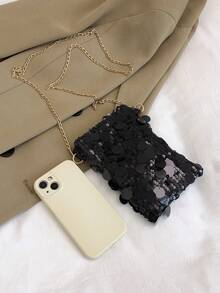 迷你亮片单肩包，个性纹理简约斜挎包，优雅手拿包，时尚亮片女士手机包，链条装饰可装手机和零钱，适合购物 - 黑色 - 查看 8