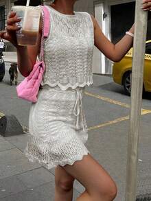 女士度假套装，春夏优雅时尚，海滩休闲装，纯色白色镂空半透明无袖针织上衣，系带短裙，毛衣两件套罩衫 - 白色 - 查看 2