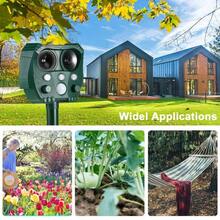 Solar Powered Animal Repeller, Solar Powered Ultrasonic Animal Repeller, Effectively Repels Dogs/Cats/Birds, Suitable For Areas With Difficult Power Supply Such As Farms, Gardens, Lawns, Nurseries, Estates And Orchards. Made Of Waterproof Materials, Sealed Design Allows It To Work In Most Weather Conditions, Waterproof, Windproof, UV-Resistant, Anti-Rust. 5 Adjustable Modes.