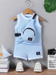 Set da 3 pezzi per neonato maschio, composto da maglia a coste, pantaloncini e borsa a tracolla, in tessuto strutturato di colore unito, look casual e alla moda per l'estate