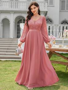 MIUSOL 优雅花卉蕾丝深V领灯笼袖荷叶边下摆晚礼服 - 藕粉色 - 查看 11