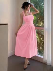Simple Solid Color Women's Long Dress Suitable For Vacation, Pink Sweet Style Women's Backless Hanging Neck Dress
