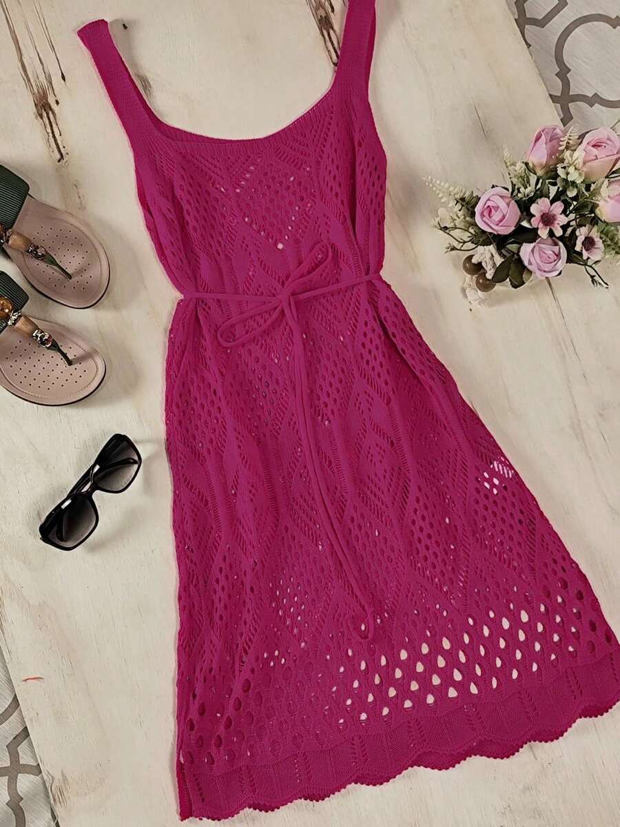 Short Beach Cover-Up With Detailed Knitted Tank Top - 玫紅色 - 查看 1