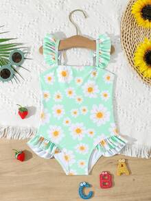 1pc Green Daisy Pattern Young Girl One-Piece Swimsuit, Fashionable For Summer - Multicolor - View 3