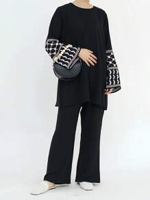 女士两件套宽松套装，2026春夏款，几何刺绣图案袖口设计 | 中东优雅两件套，时尚斋月长袍套装，优雅阿拉伯服饰 - 黑色 - 查看 7