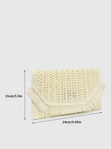 Bohemian Stil Stroh gewebte Clutch Handtasche mit Flicken und Fransen für Urlaub, Valentinstag